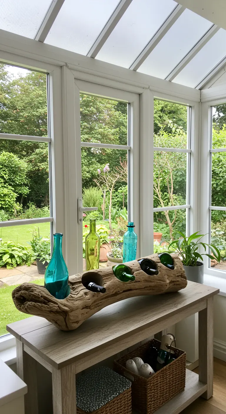 A large piece of sculptural driftwood used as a wine bottle holder on a console table.