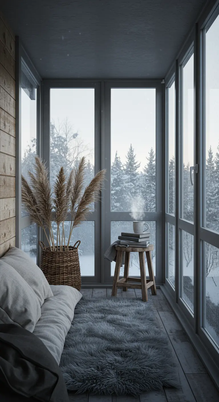 Cozy enclosed balcony with a faux fur rug, pampas grass, and view of a snowy forest.