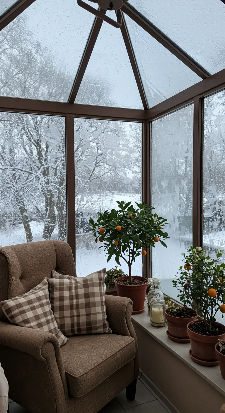 Cozy sunroom with an armchair, plaid pillows, and potted citrus trees looking out at snow.