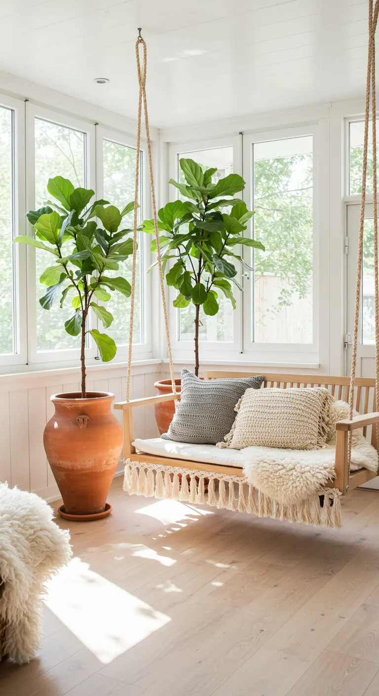 Wooden swing with a sheepskin throw in a bright sunroom with fiddle-leaf figs.