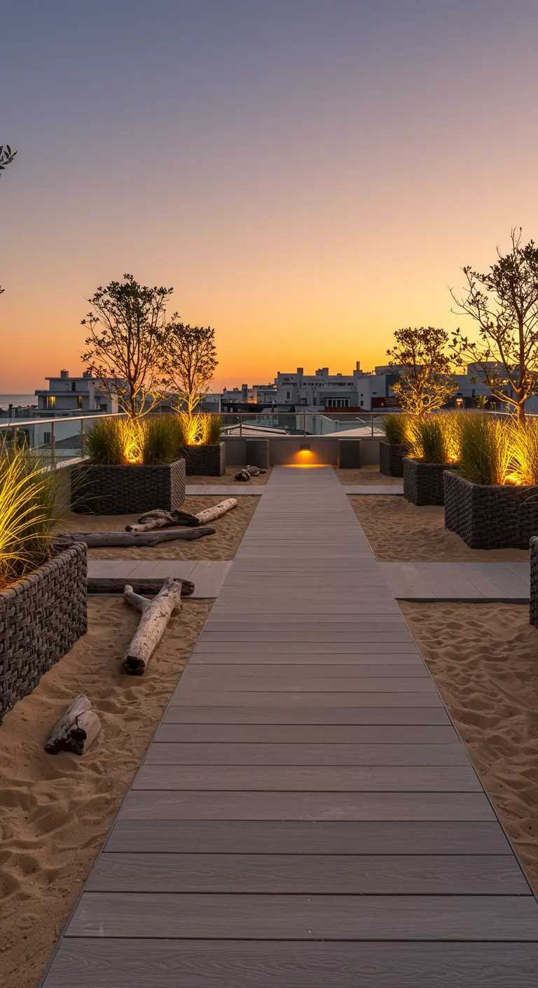 A rooftop designed like a beach with sand, a boardwalk, driftwood, and illuminated grasses at sunset.