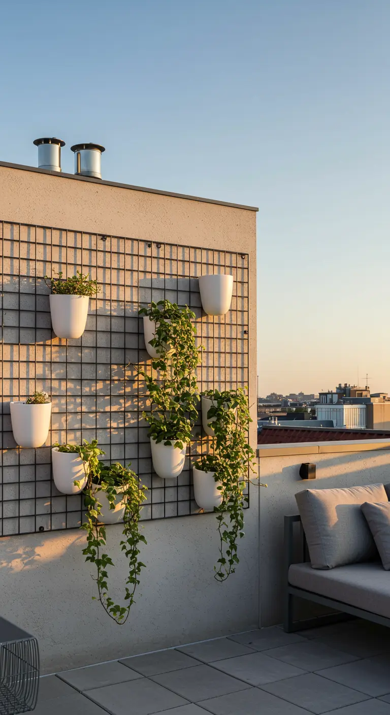 Black metal grid on a rooftop wall with white pots and trailing ivy at sunset.