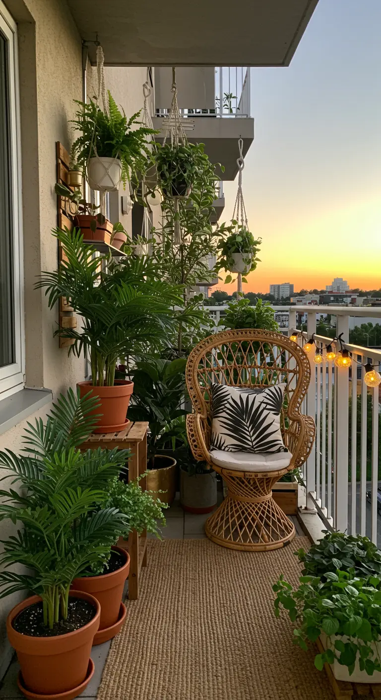 Balcony at sunset with a rattan peacock chair and layered terracotta planters.
