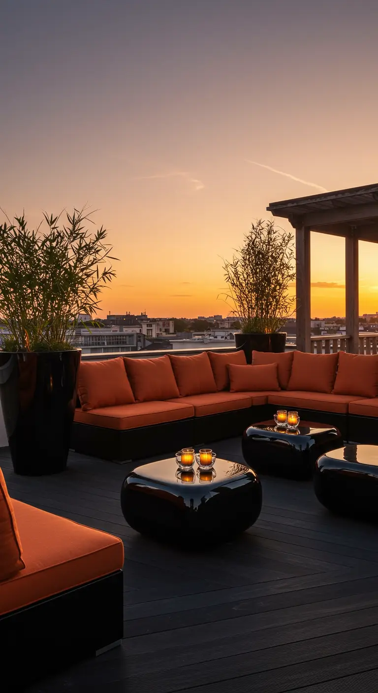 A modern rooftop terrace with black furniture, bright orange cushions, and bamboo in large planters.