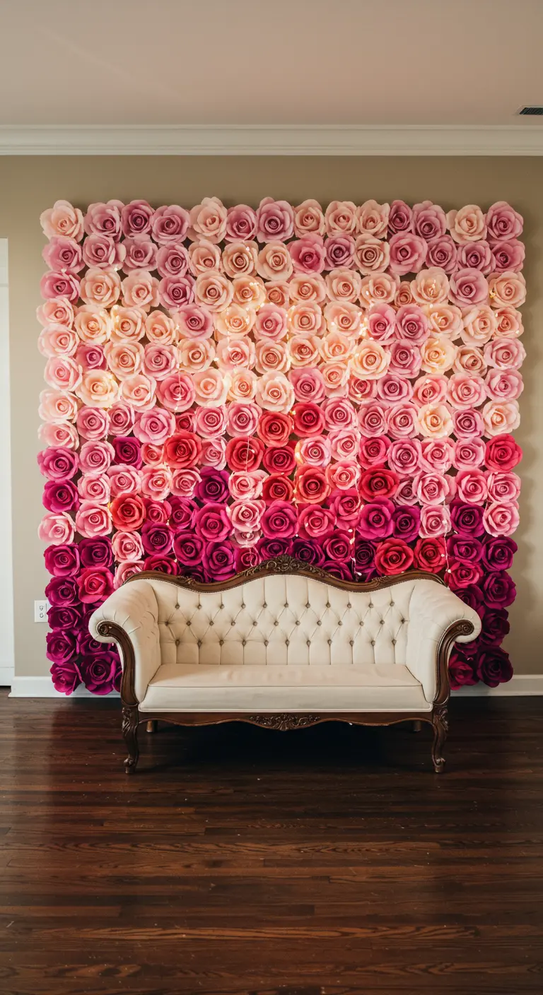 An ombré wall of paper roses from magenta to peach, behind a vintage cream sofa.