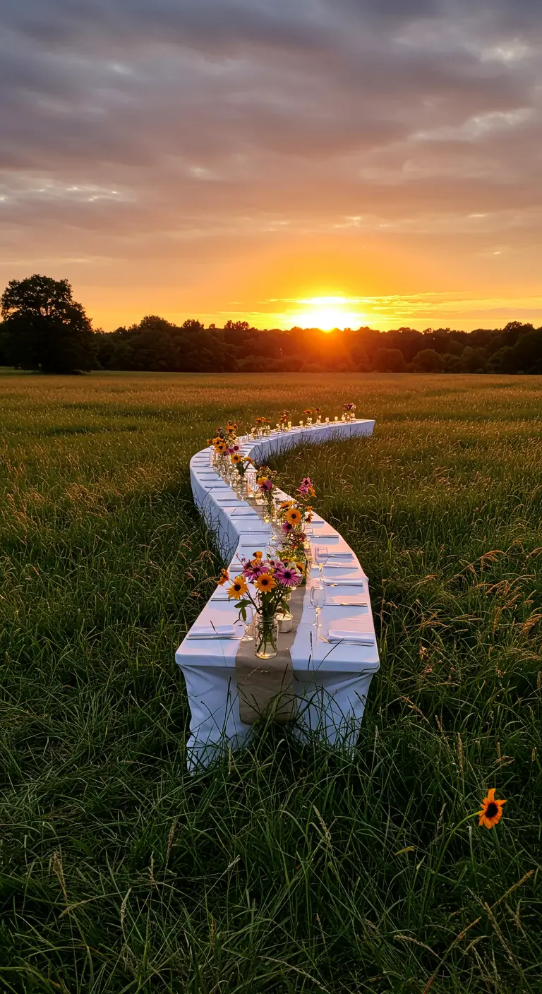 A long, serpentine wedding table set in a wildflower field during a golden sunset.