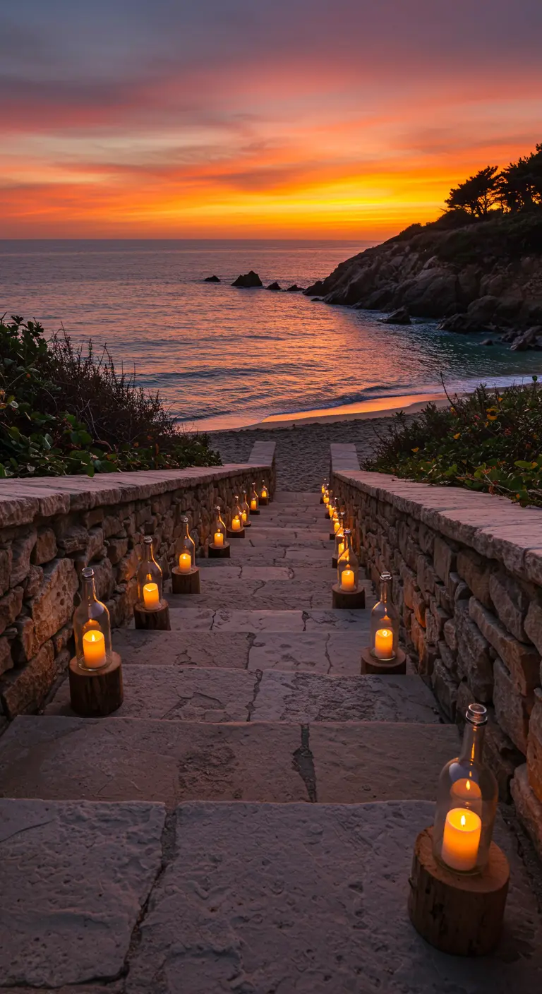 Stone staircase leading to the beach, lined with candles in bottles on log bases.