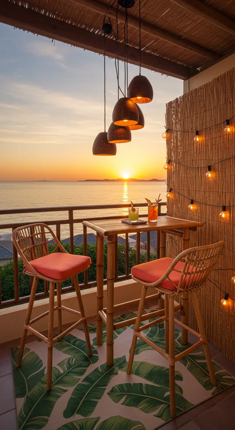 Bamboo bar set on a balcony with ocean sunset view and coconut pendant lights.