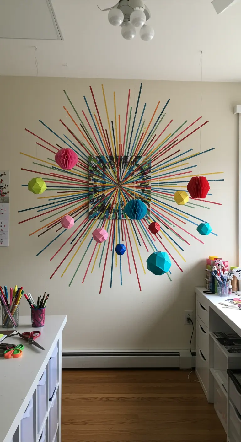 A wall art installation with a sunburst of colored tape, a central canvas, and hanging paper globes.