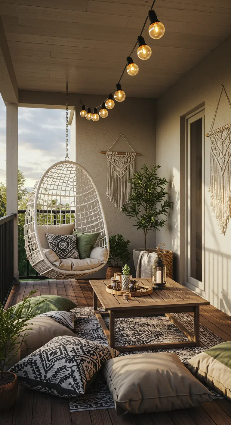 White rattan hanging egg chair on a balcony with floor cushions and macrame wall decor.
