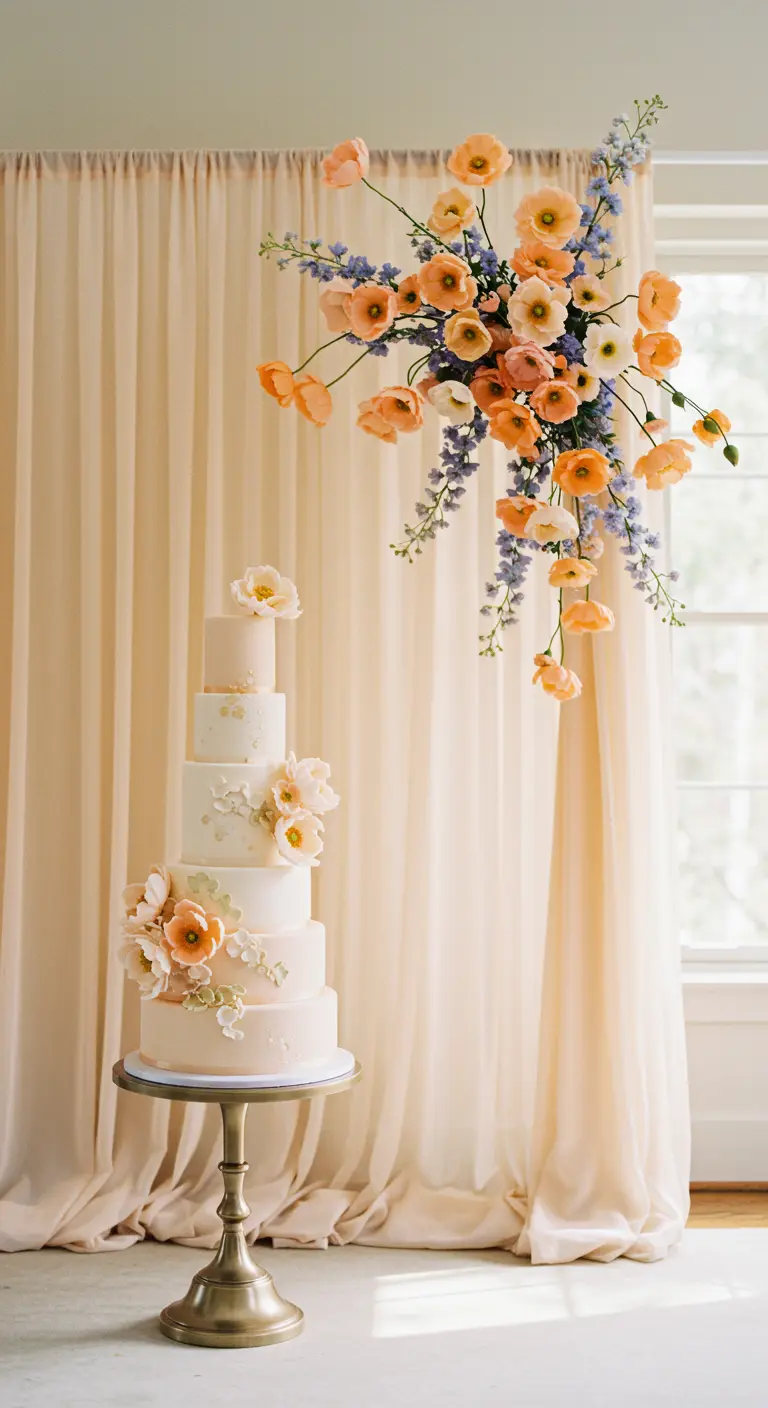 A multi-tiered wedding cake with a cloud-like arrangement of peach poppies floating above it.