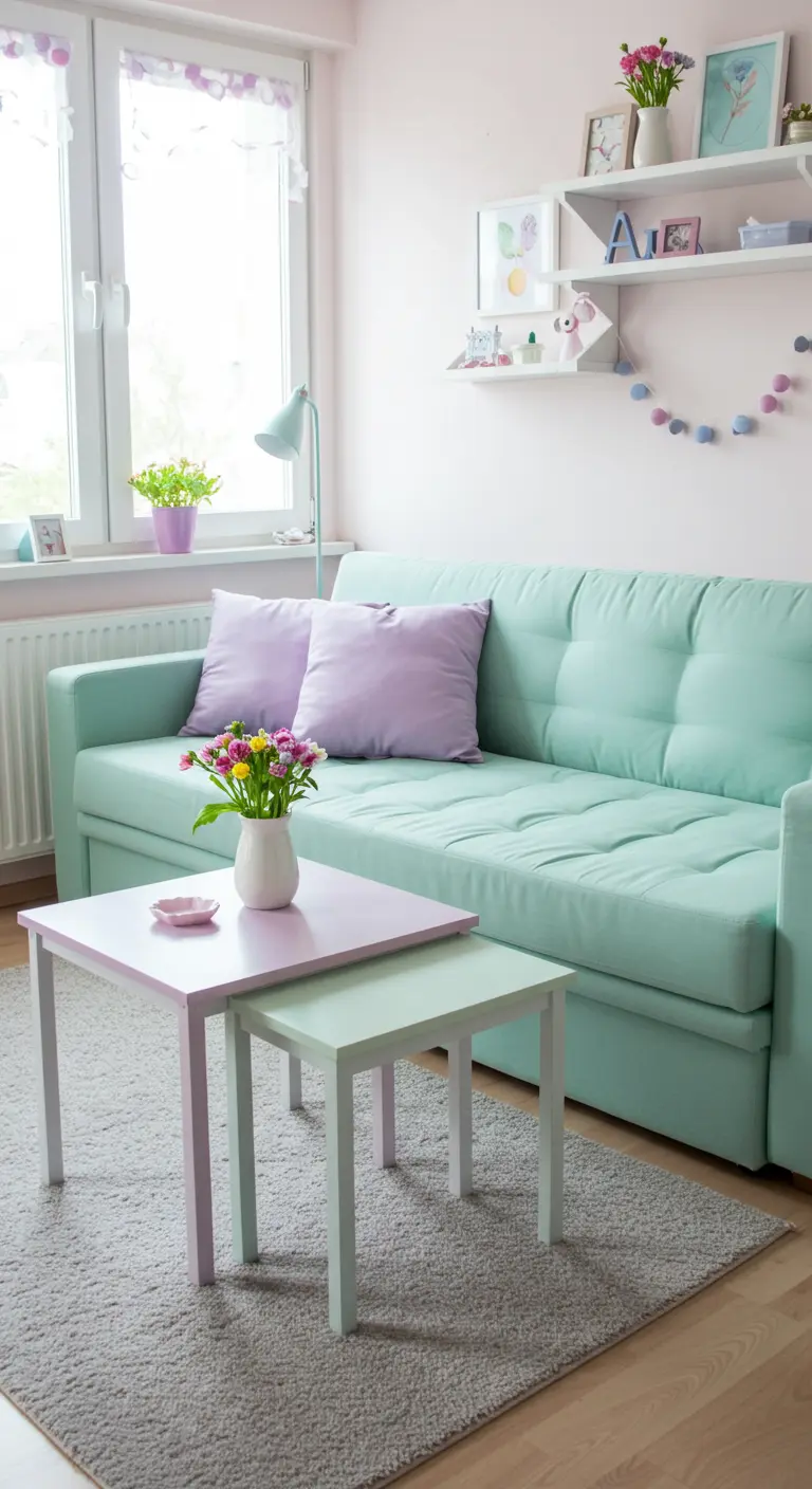 A pastel-themed room with a mint green sofa and nesting tables painted in lilac and light green.