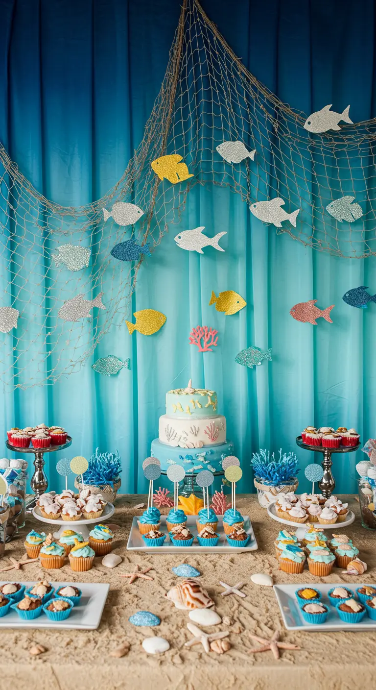 Under-the-sea dessert table with a blue backdrop, fishing net, glittery fish cutouts, and themed treats.
