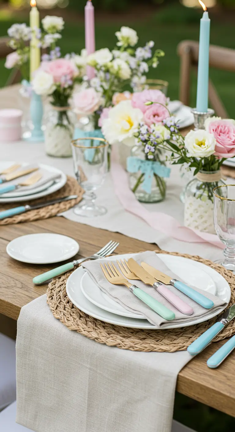 Close-up of a place setting with pastel pink, mint, and blue cutlery.