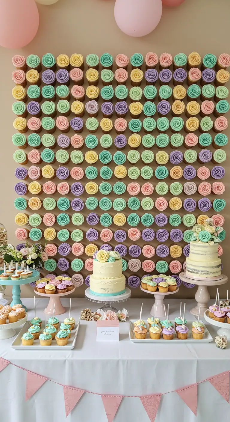 A wall covered in rows of pastel cupcakes frosted to look like roses.