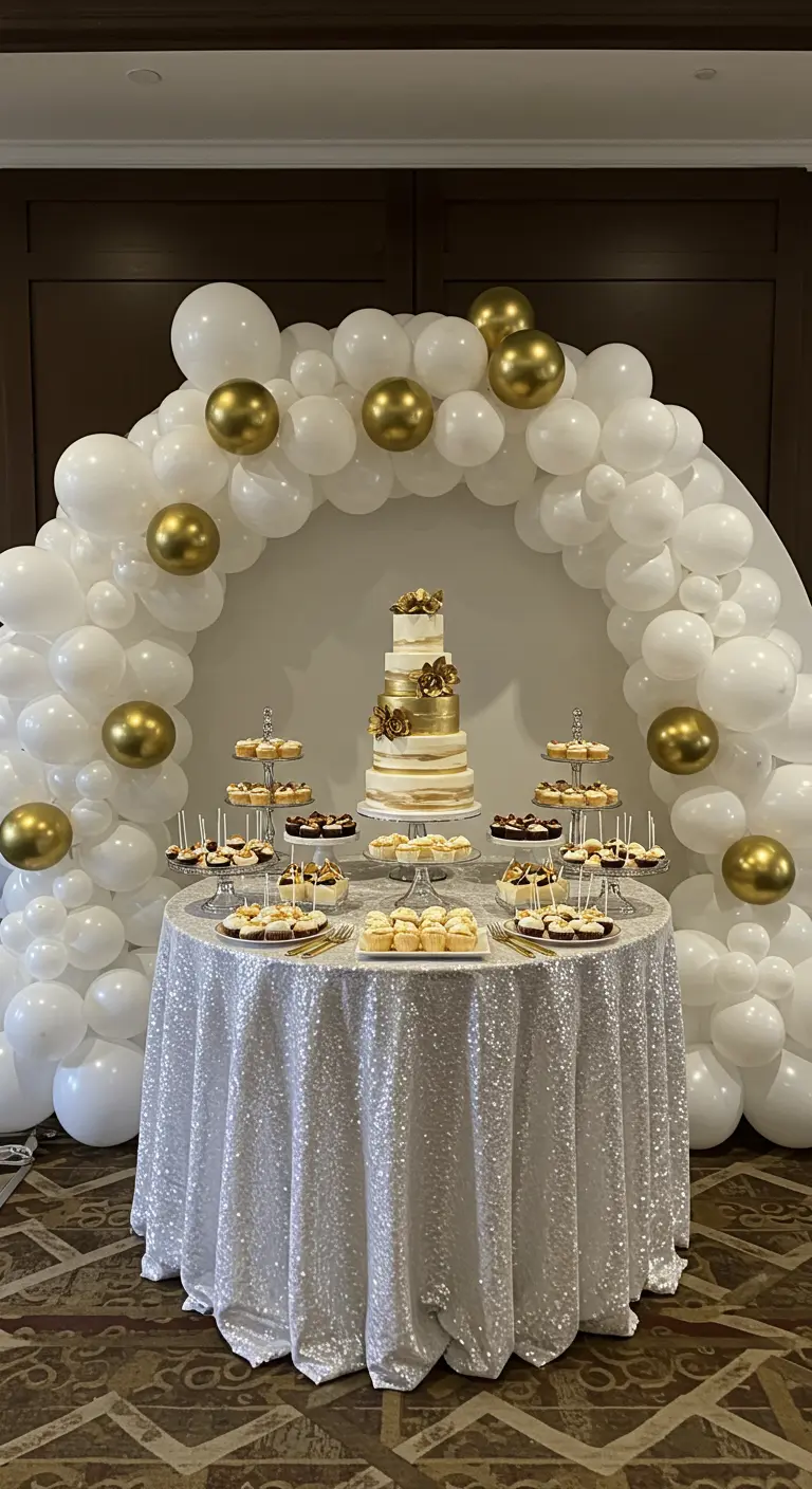 A perfect balloon arch in white and gold framing a dessert table with a sequin tablecloth.