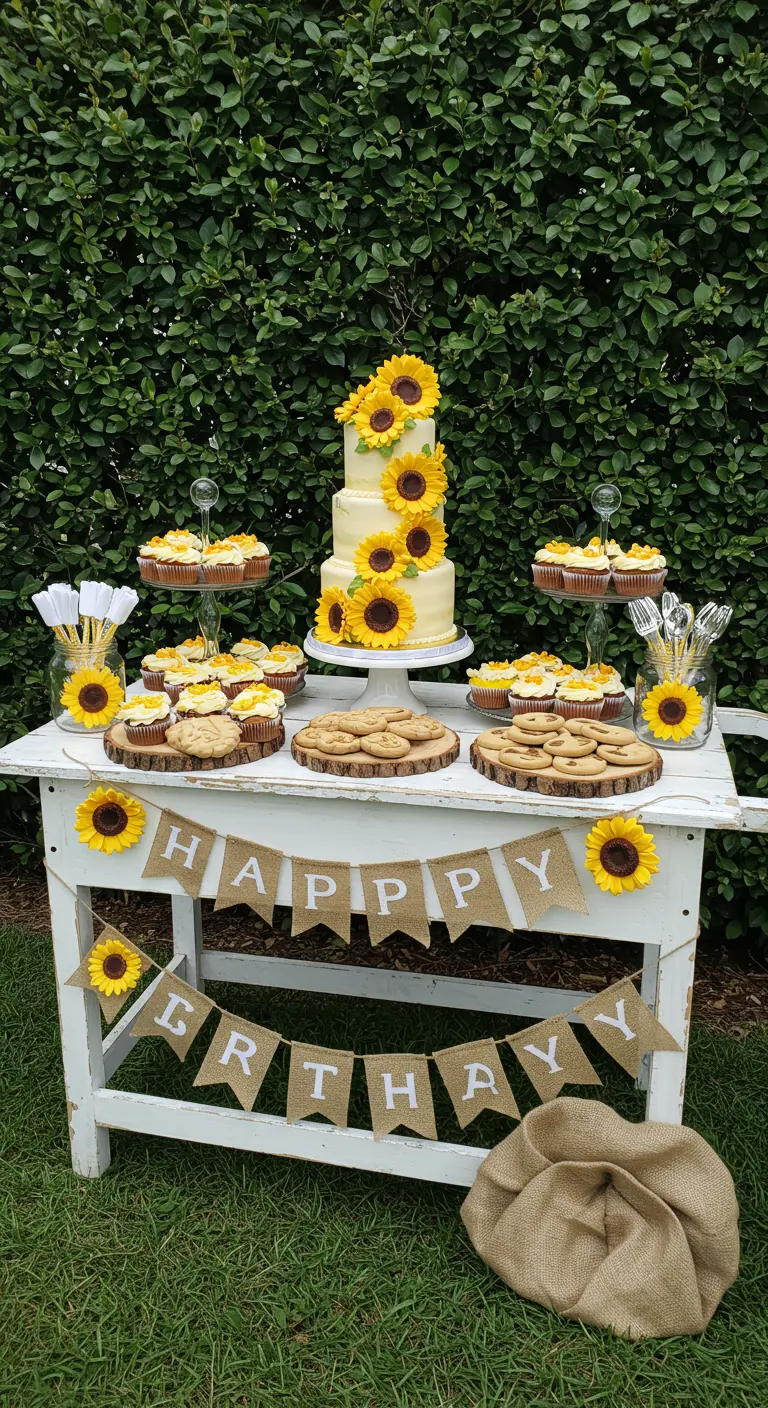 A white dessert table with a sunflower-themed cake, cupcakes, and a burlap birthday banner.