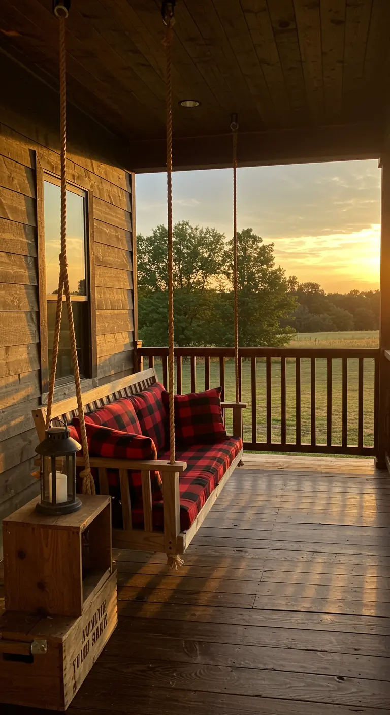 Wooden porch swing with red buffalo check cushions overlooking a field at sunset.