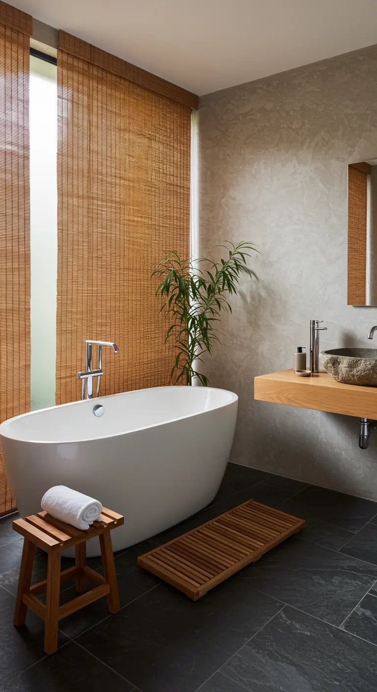 Japandi bathroom with a freestanding tub, bamboo blinds, a stone sink, and dark slate floors.