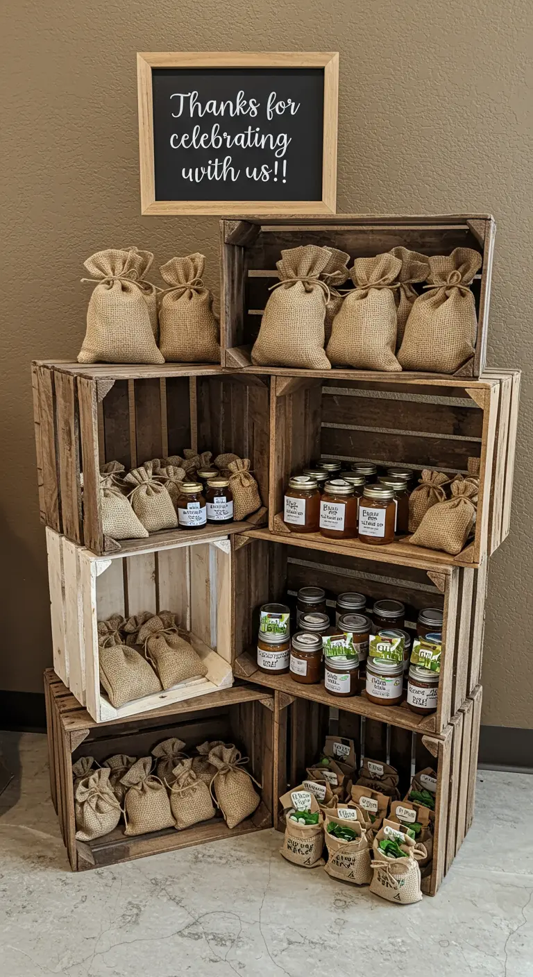 Party favors like jams and burlap bags displayed in stacked vintage wooden crates.