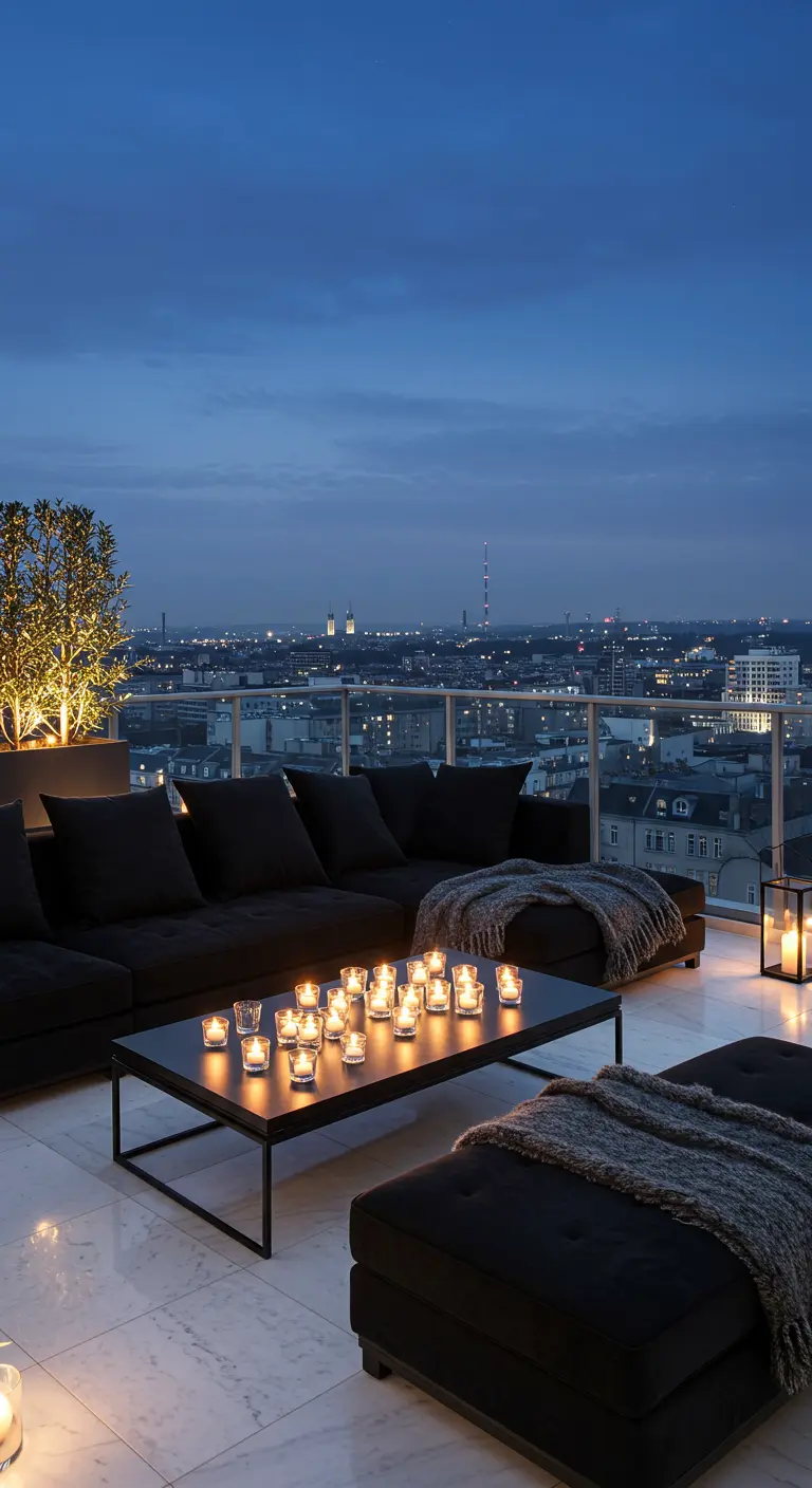 A rooftop terrace at dusk with a black sectional and a dense cluster of glowing tealights on the table.