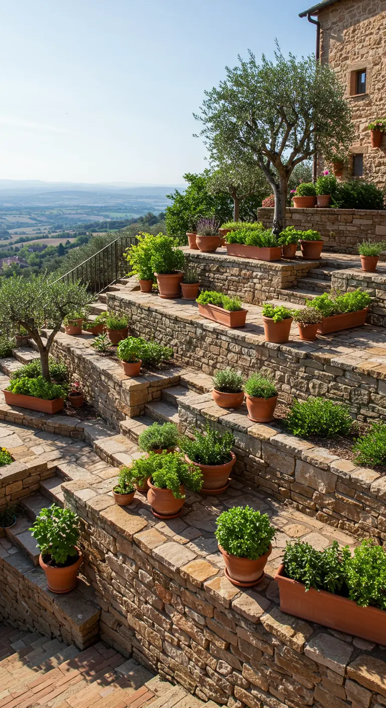 A terraced stone hillside garden filled with herbs and olive trees in terracotta pots.