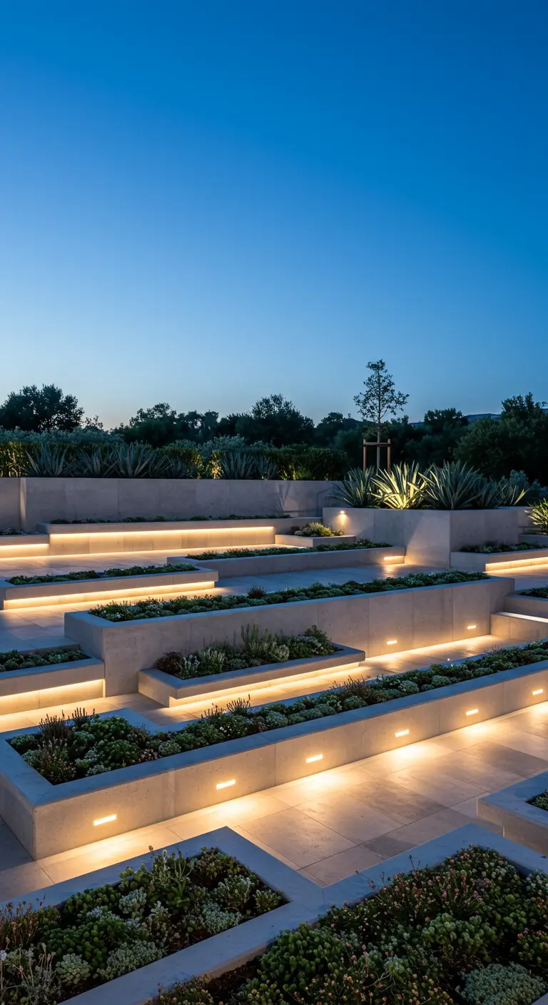 A multi-level terraced garden with illuminated concrete planters and benches at twilight.