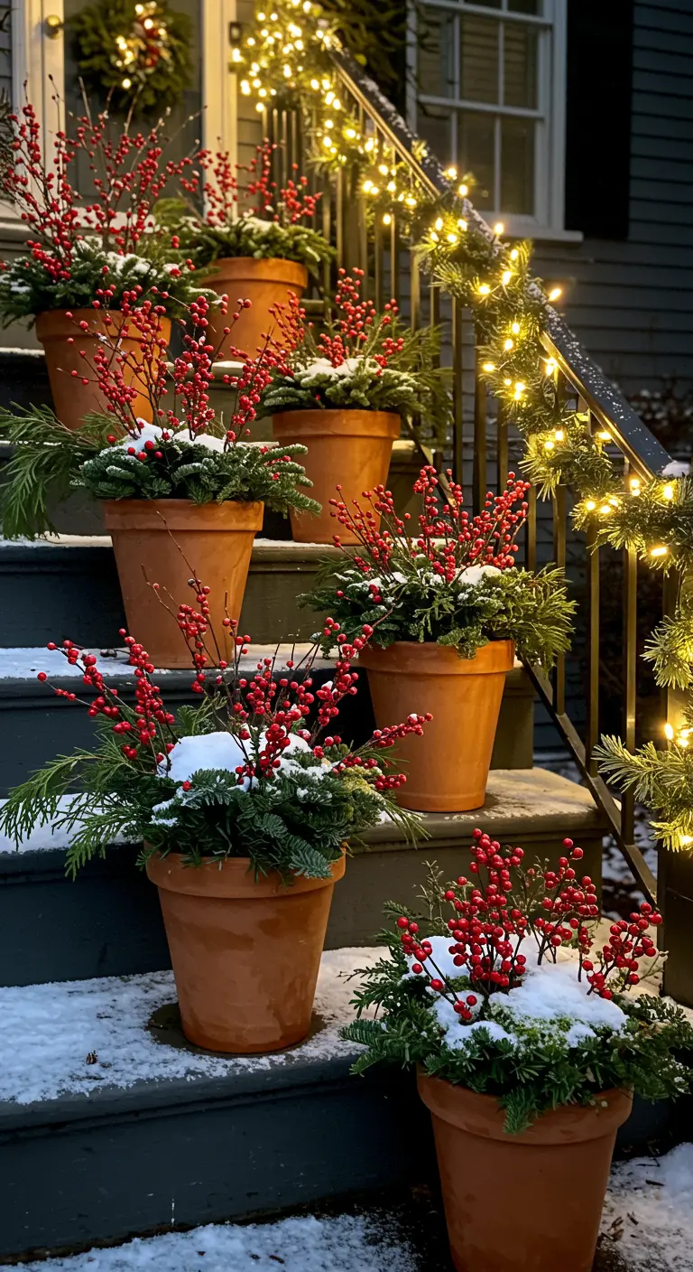 Terracotta pots with red berry branches and pine lining a dark staircase with glowing string lights.