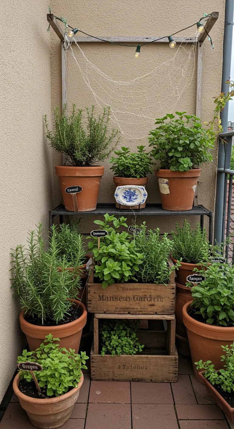 A tiered herb garden in terracotta pots and wooden crates with charming handmade labels.
