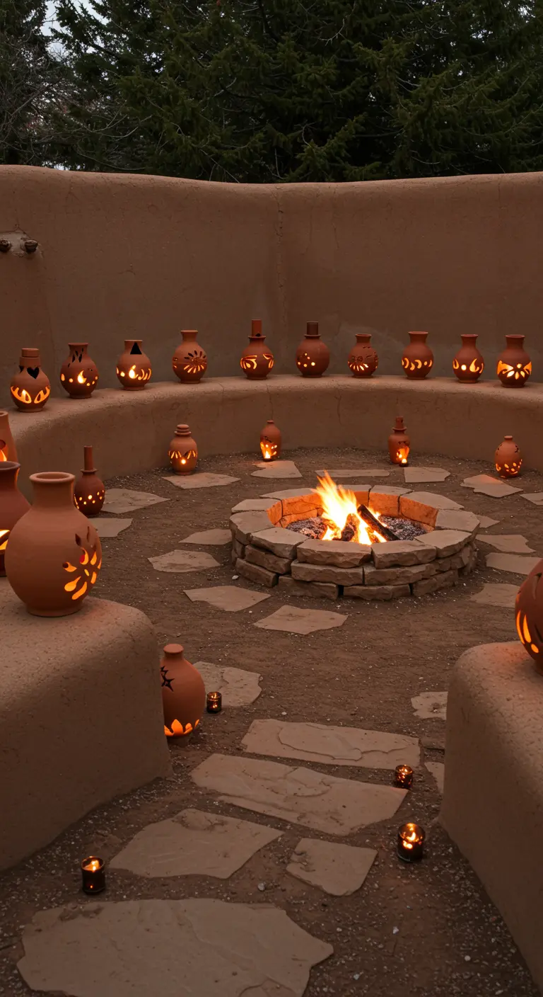 Handmade terracotta luminaries are arranged around a circular adobe fire pit.