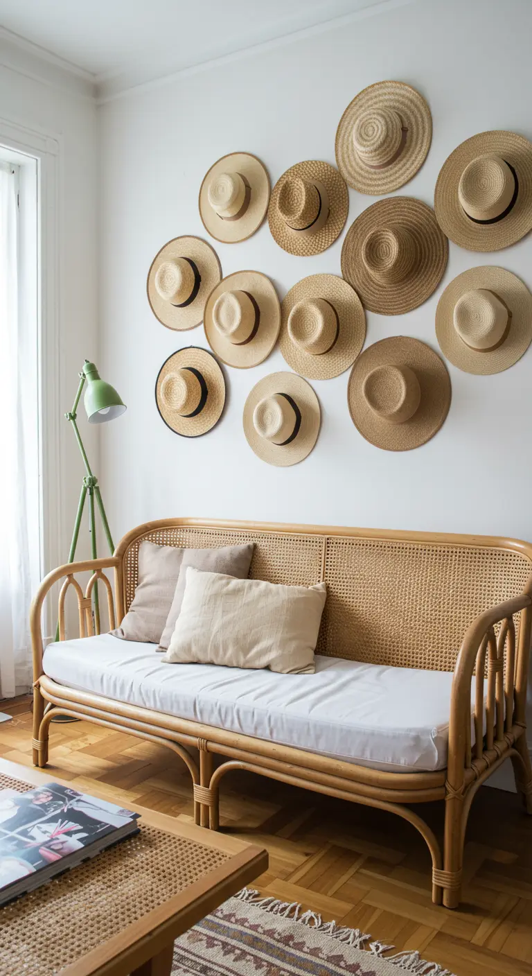 A collection of straw hats of various sizes hung on a white wall above a rattan sofa.