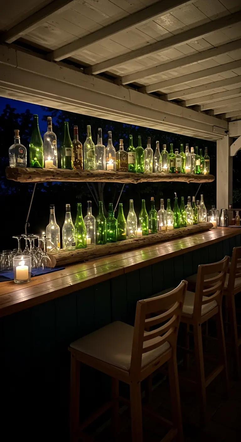Driftwood logs used as shelves for bottle candles at a stylish outdoor bar.