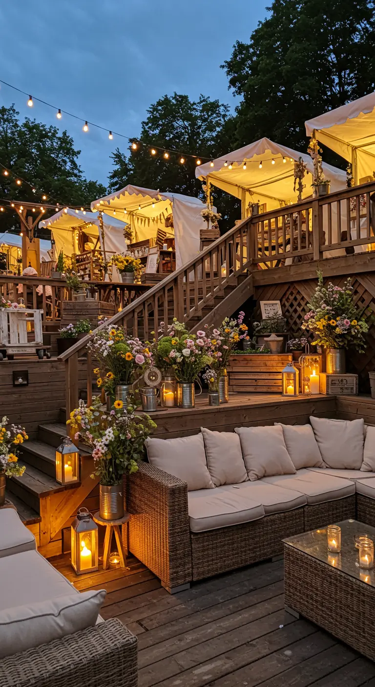 A multi-level wooden deck decorated with a sectional sofa, lanterns, and wildflower arrangements.