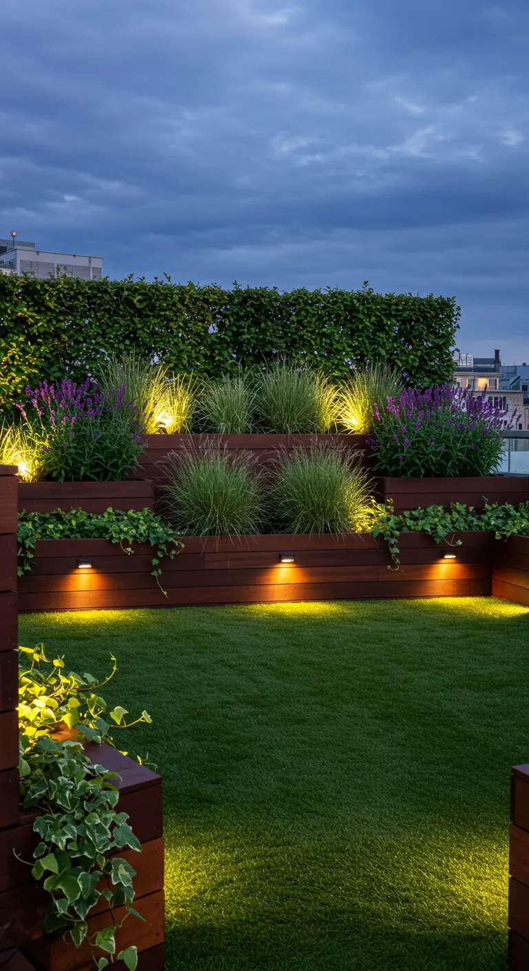 A rooftop with tiered wooden planters filled with flowers, grasses, and ivy, leading to a lawn.
