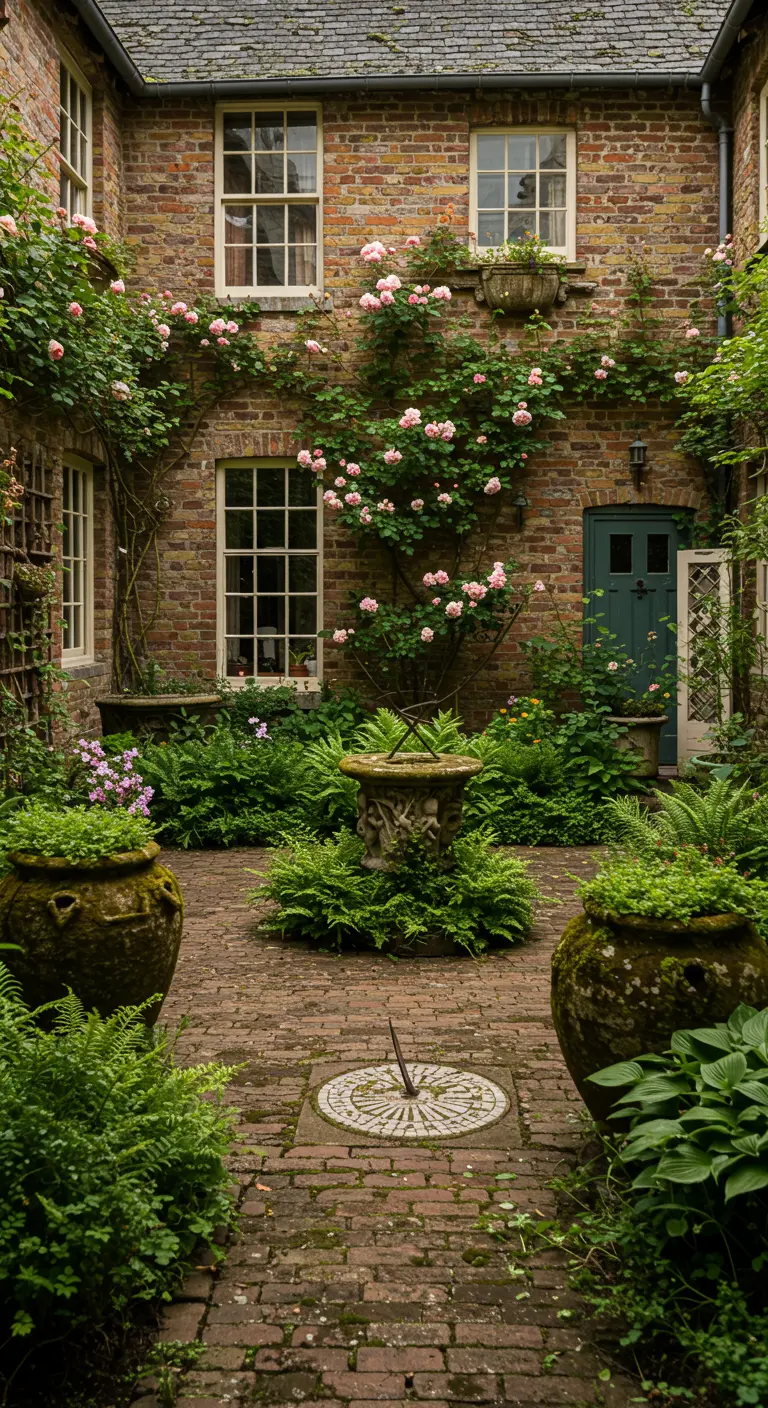 A brick courtyard in an old English home, with a central sundial and lush ferns.