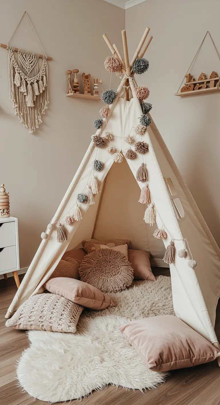 A child's canvas teepee decorated with a yarn tassel garland and filled with blush-toned pillows.