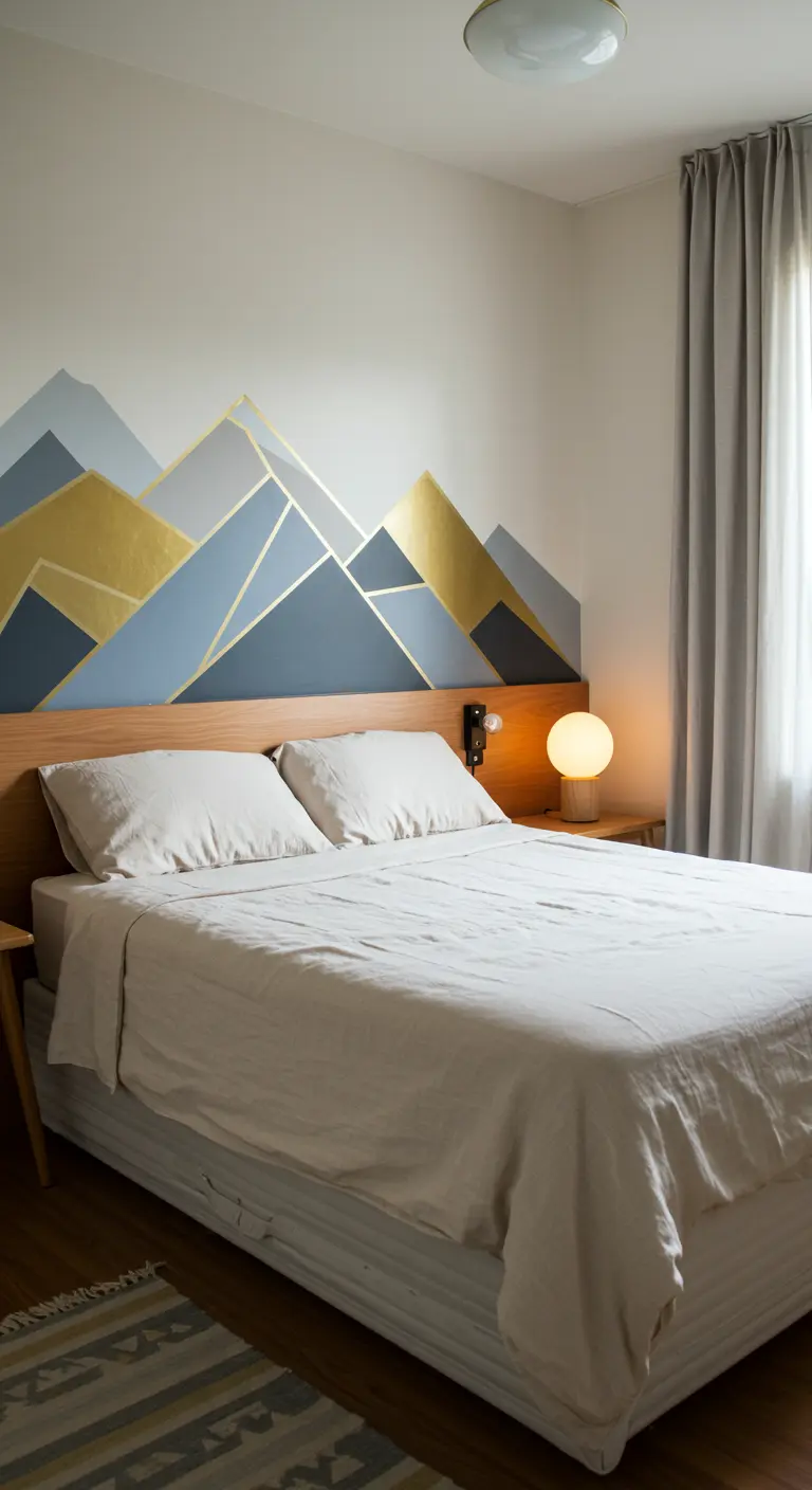 Bedroom with a geometric mountain mural in blue, gray, and gold washi tape above the bed.