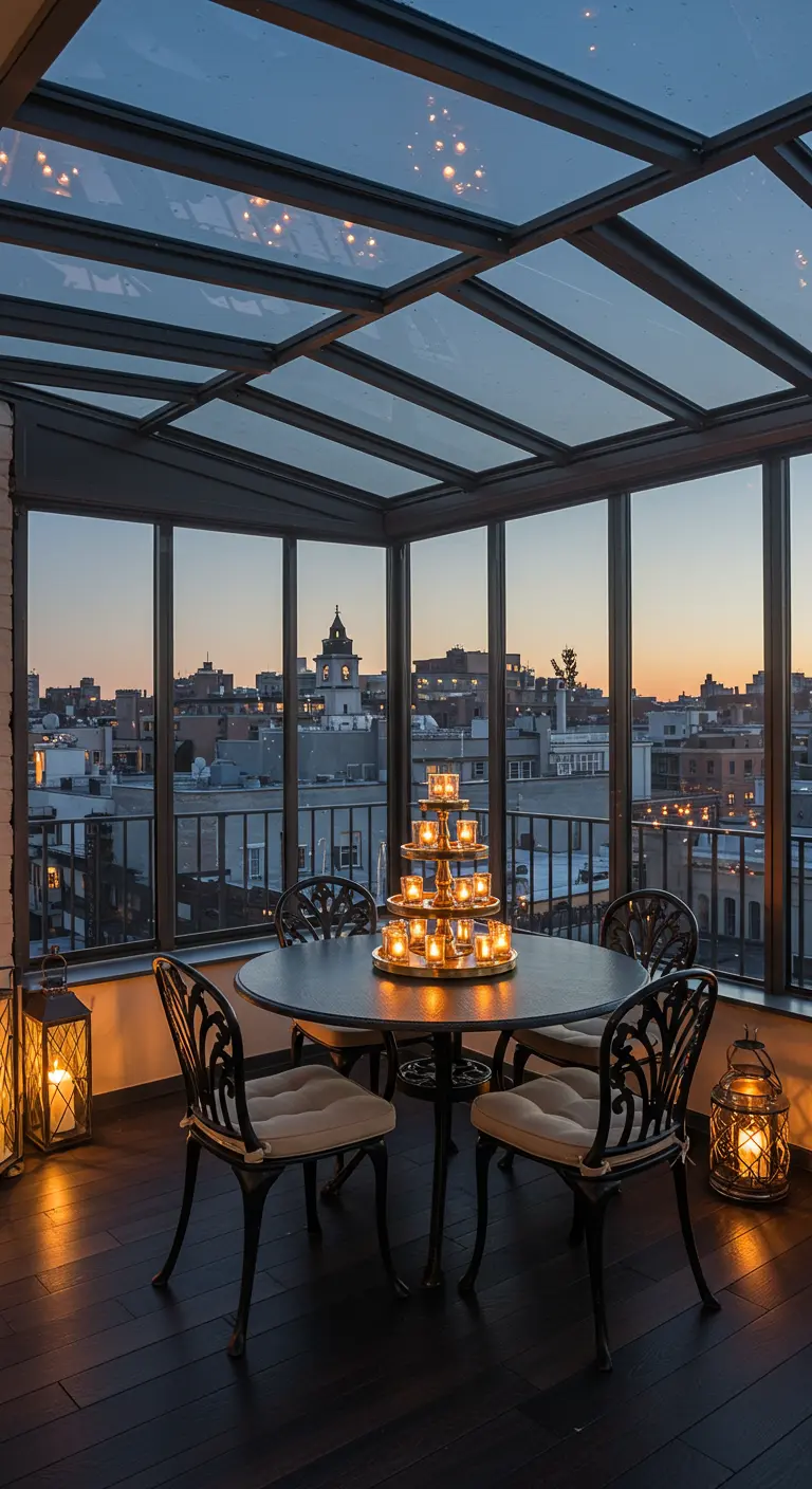 A small dining table in a glass conservatory with a tiered stand used as a candle holder.