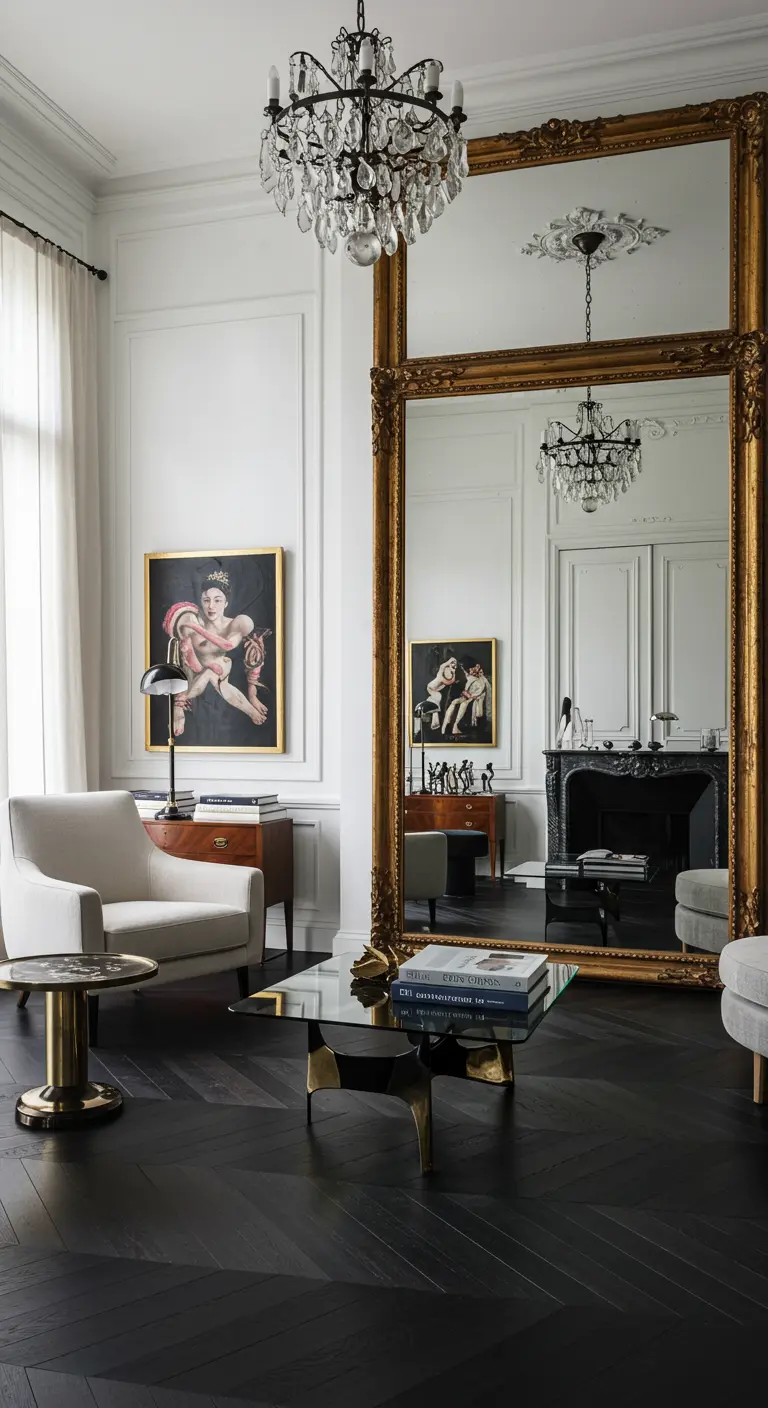 High-ceilinged living room with a massive gold-framed mirror and dark herringbone floors.