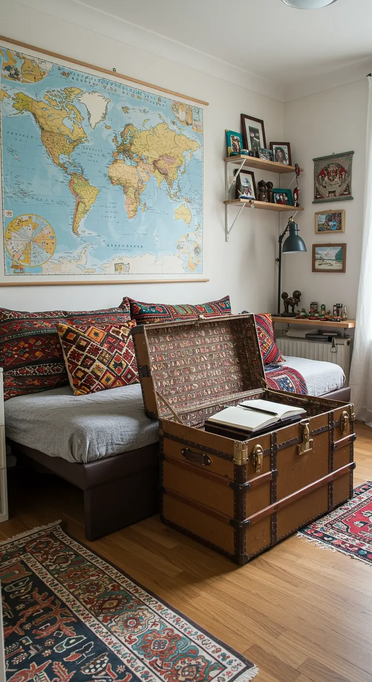 A vintage traveler's trunk used as a coffee table in front of a daybed.