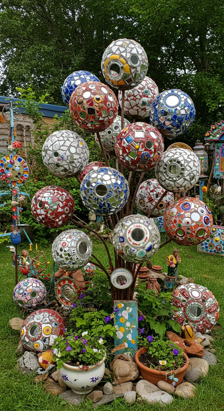 A sculpture of a tree with its branches holding many colorful mosaic spheres.