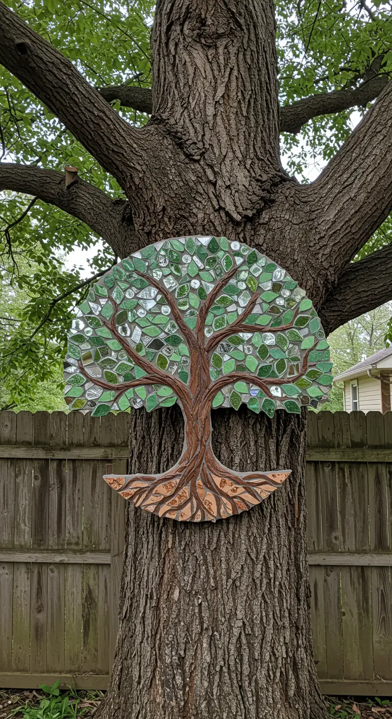 A semi-circular mosaic of a tree, made with green and brown glass, mounted on a large tree trunk.