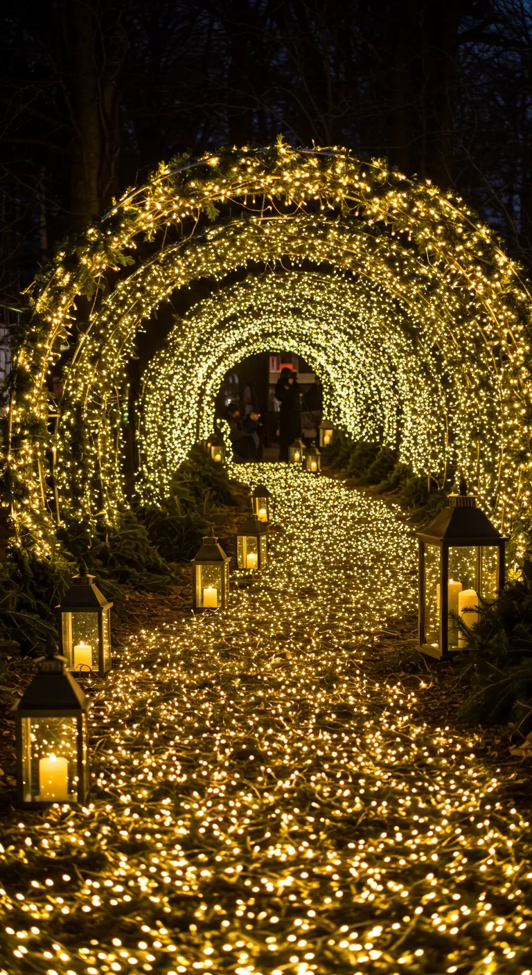 A path and tunnel completely covered in thousands of warm fairy lights.