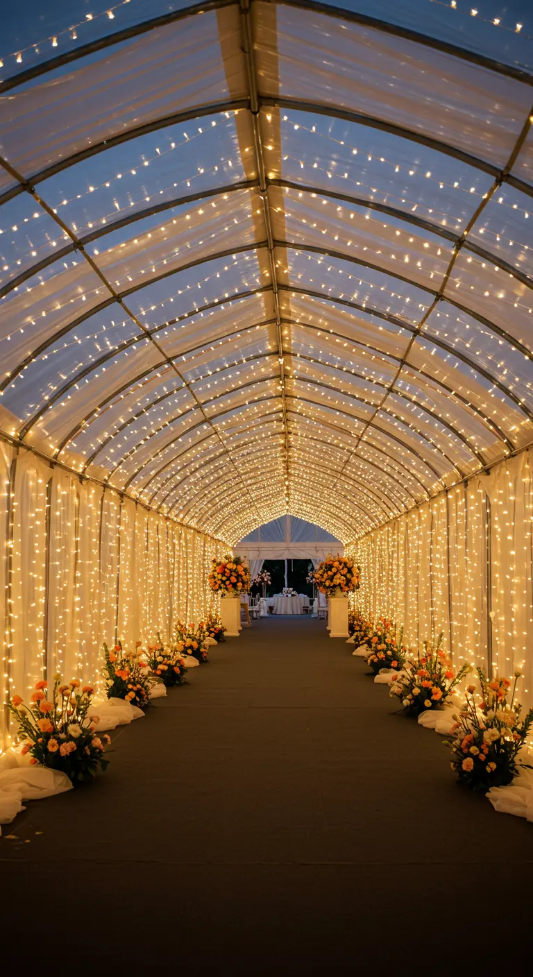 A long, arched tunnel lined entirely with fairy lights leading to a wedding reception.