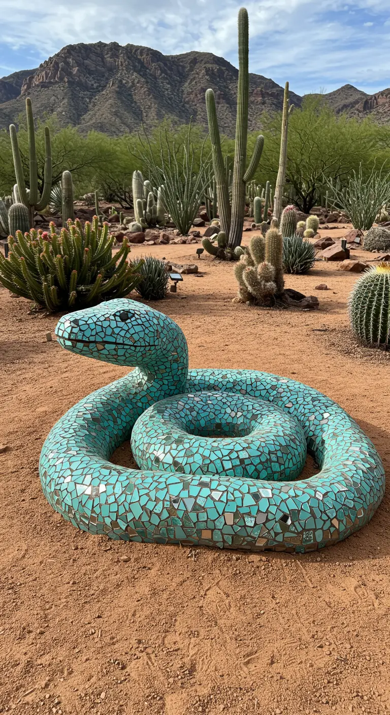 A large, coiled snake sculpture covered in turquoise mosaic tiles in a cactus garden.