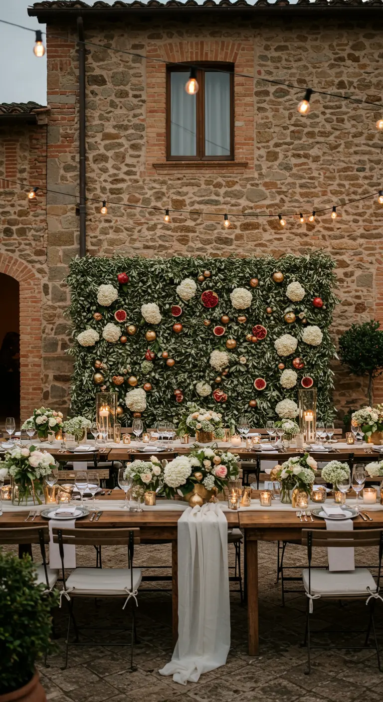A greenery wall behind a dining table, decorated with white flowers, pomegranates, and gold ornaments.