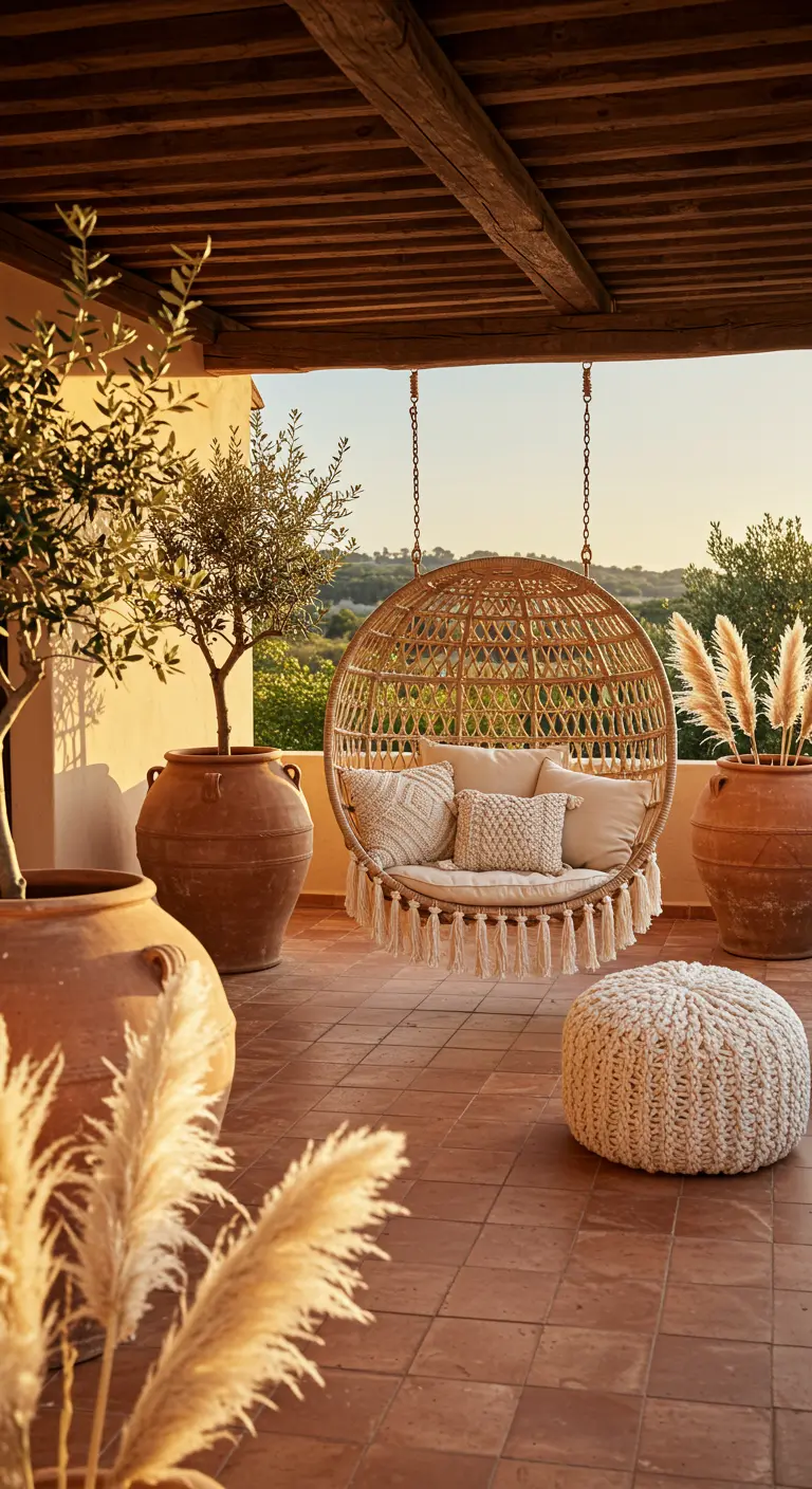 Boho rattan swing chair on a terracotta tiled patio with olive trees.