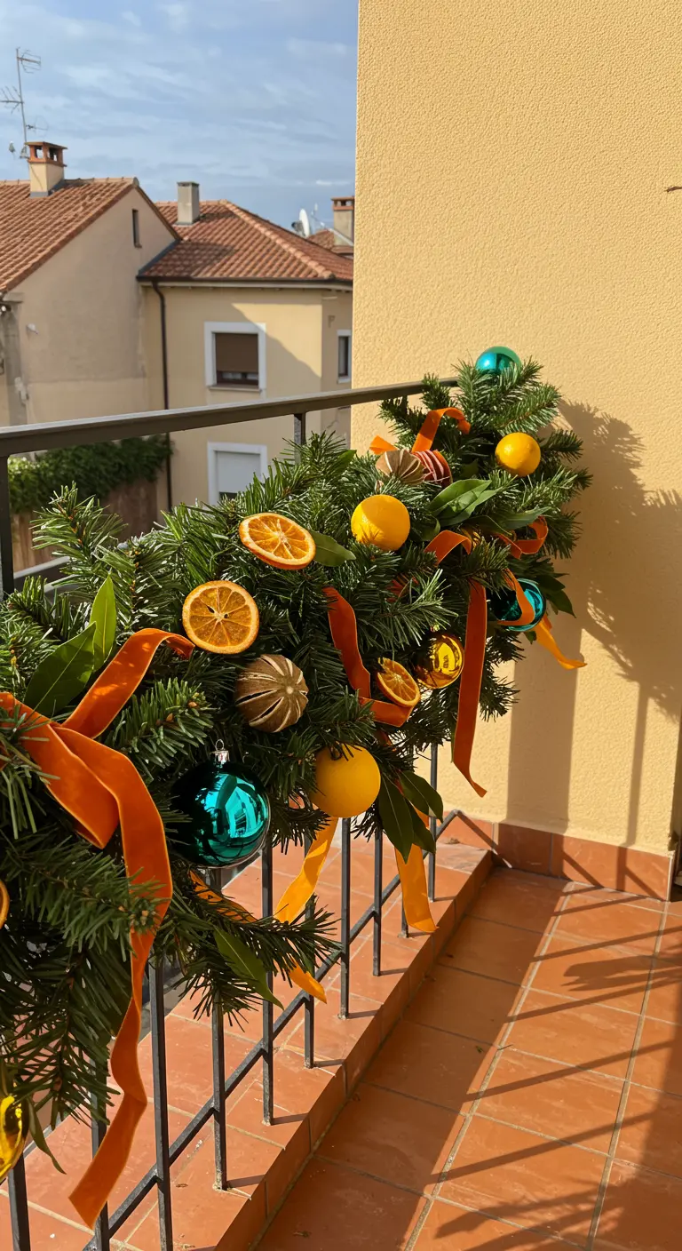 Balcony railing with a garland full of whole oranges, dried citrus, and turquoise ornaments.