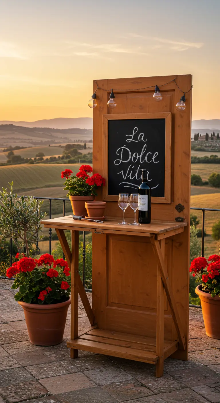 A wooden door potting station repurposed as a small bar with wine, overlooking a Tuscan landscape.