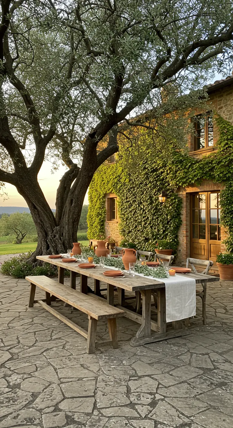 A long wooden dining table set for an alfresco meal under an olive tree in Tuscany.